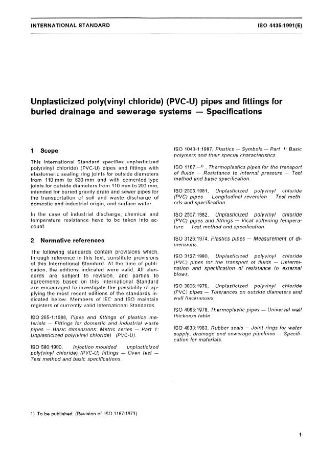 ISO 4435:1991 - Unplasticized poly(vinyl chloride) (PVC-U) pipes and fittings for buried drainage and sewerage systems -- Specifications