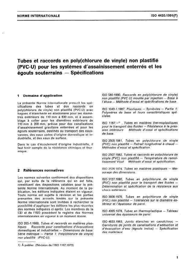 ISO 4435:1991 - Tubes et raccords en poly(chlorure de vinyle) non plastifié (PVC-U) pour les systemes d'assainissement enterrés et les égouts souterrains -- Spécifications