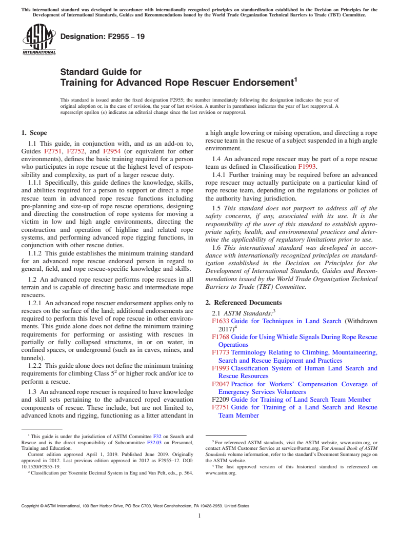 ASTM F2955-19 - Standard Guide for Training for Advanced Rope Rescuer Endorsement