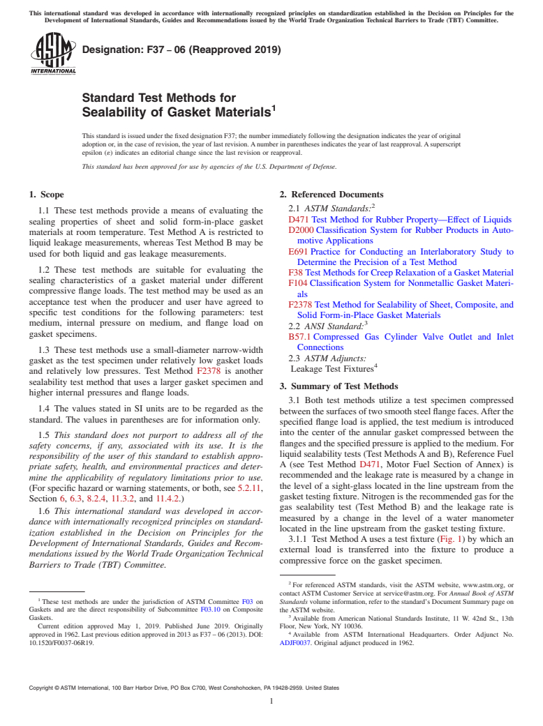 ASTM F37-06(2019) - Standard Test Methods for  Sealability of Gasket Materials