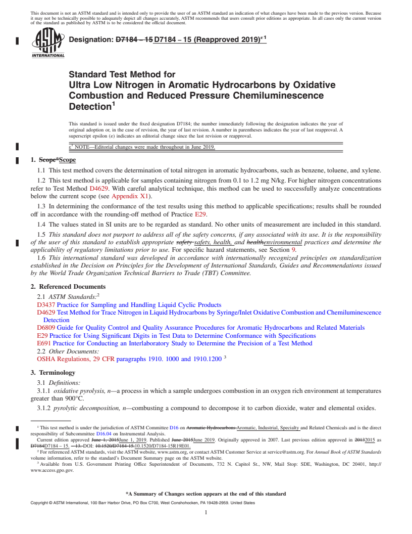 REDLINE ASTM D7184-15(2019)e1 - Standard Test Method for Ultra Low Nitrogen in Aromatic Hydrocarbons by Oxidative Combustion  and Reduced Pressure Chemiluminescence Detection