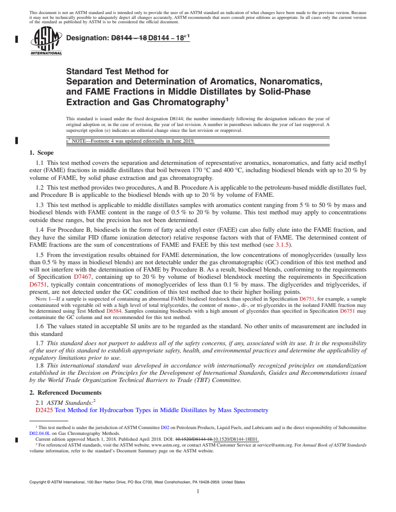 REDLINE ASTM D8144-18e1 - Standard Test Method for Separation and Determination of Aromatics, Nonaromatics, and  FAME Fractions in Middle Distillates by Solid-Phase Extraction and  Gas Chromatography