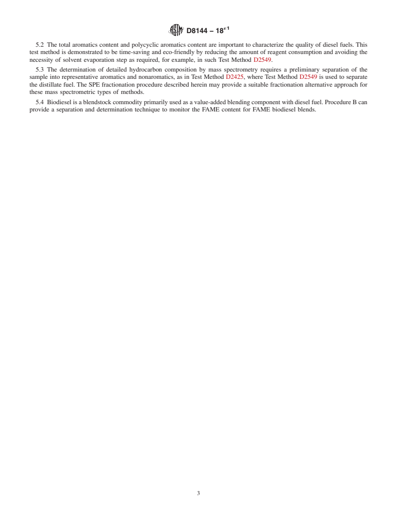 REDLINE ASTM D8144-18e1 - Standard Test Method for Separation and Determination of Aromatics, Nonaromatics, and  FAME Fractions in Middle Distillates by Solid-Phase Extraction and  Gas Chromatography