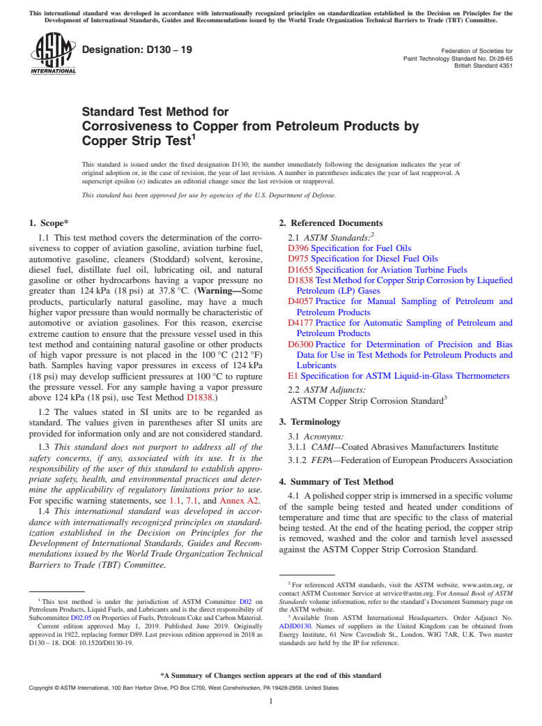 ASTM D130-19 - Standard Test Method for Corrosiveness to Copper from Petroleum Products by Copper Strip   Test