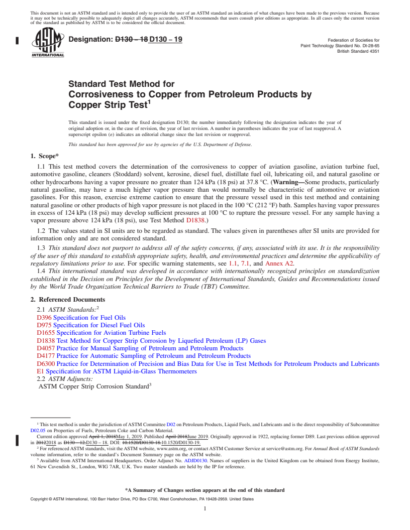 REDLINE ASTM D130-19 - Standard Test Method for Corrosiveness to Copper from Petroleum Products by Copper Strip   Test