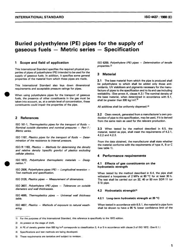ISO 4437:1988 - Buried polyethylene (PE) pipes for the supply of gaseous fuels -- Metric series -- Specification
