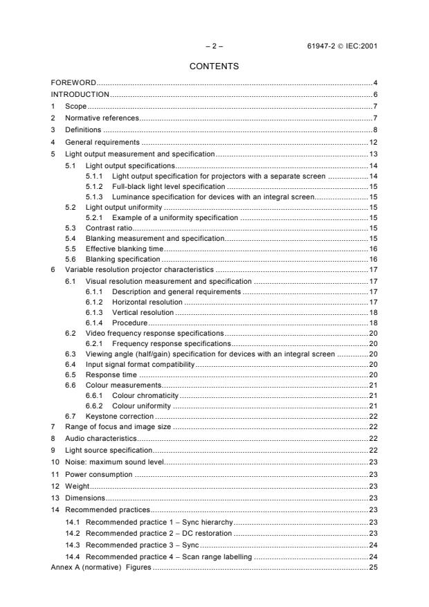 IEC 61947-2:2001 IEC 61947-2:2001 - Electronic projection - Measurement and documentation of key performance criteria - Part 2: Variable resolution projectors - Page 4 preview