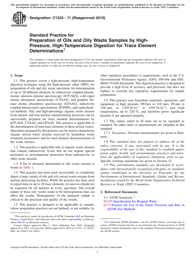 ASTM C1234-11(2019) - Standard Practice for  Preparation of Oils and Oily Waste Samples by High-Pressure,   High-Temperature Digestion for Trace Element Determinations