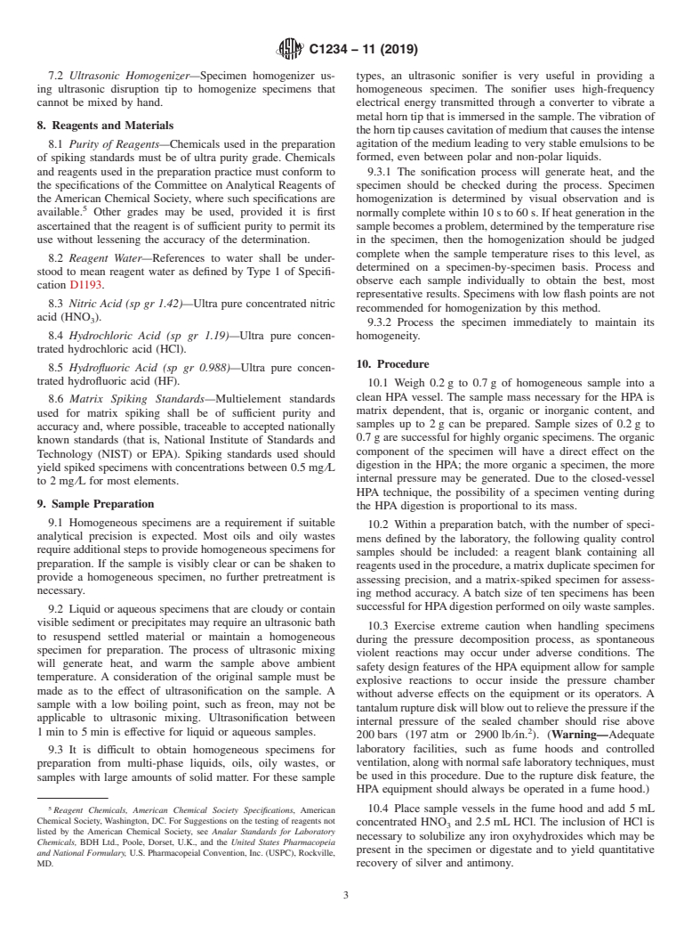 ASTM C1234-11(2019) - Standard Practice for  Preparation of Oils and Oily Waste Samples by High-Pressure,   High-Temperature Digestion for Trace Element Determinations