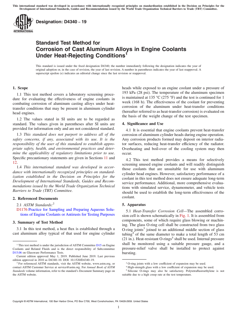 ASTM D4340-19 - Standard Test Method for Corrosion of Cast Aluminum Alloys in Engine Coolants Under  Heat-Rejecting Conditions