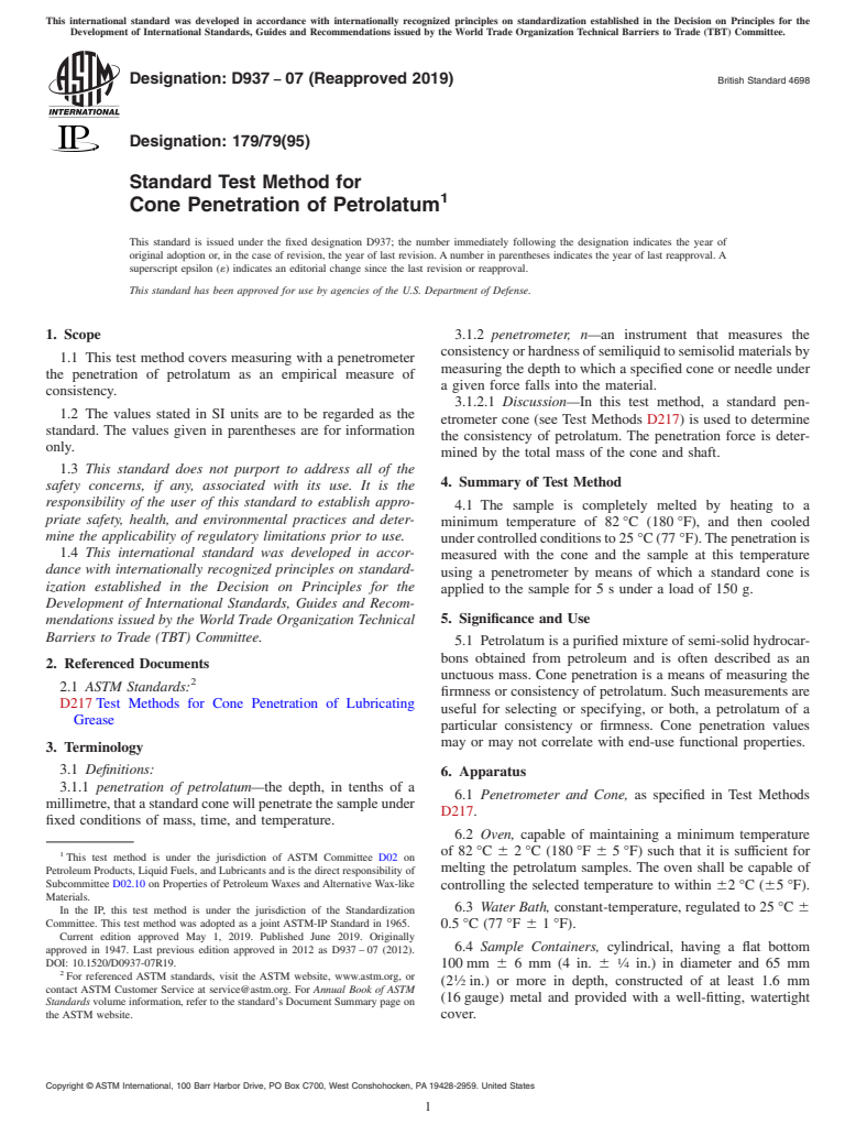 ASTM D937-07(2019) - Standard Test Method for  Cone Penetration of Petrolatum