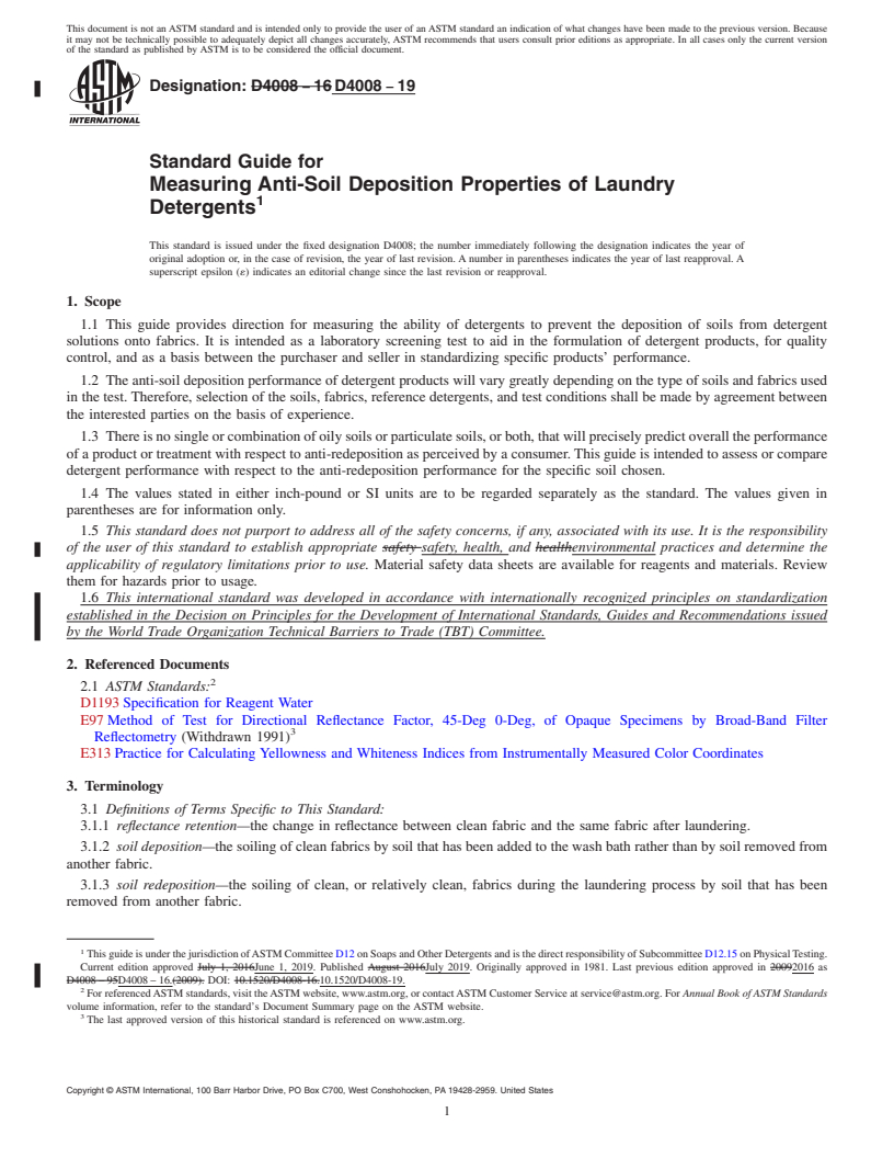 REDLINE ASTM D4008-19 - Standard Guide for  Measuring Anti-Soil Deposition Properties of Laundry Detergents