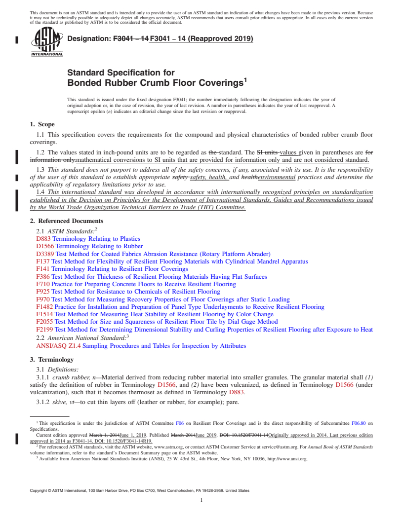 REDLINE ASTM F3041-14(2019) - Standard Specification for Bonded Rubber Crumb Floor Coverings