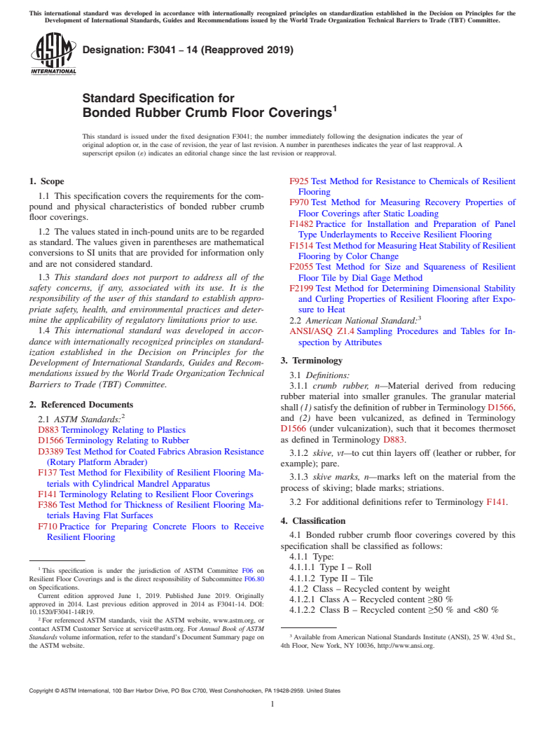 ASTM F3041-14(2019) - Standard Specification for Bonded Rubber Crumb Floor Coverings