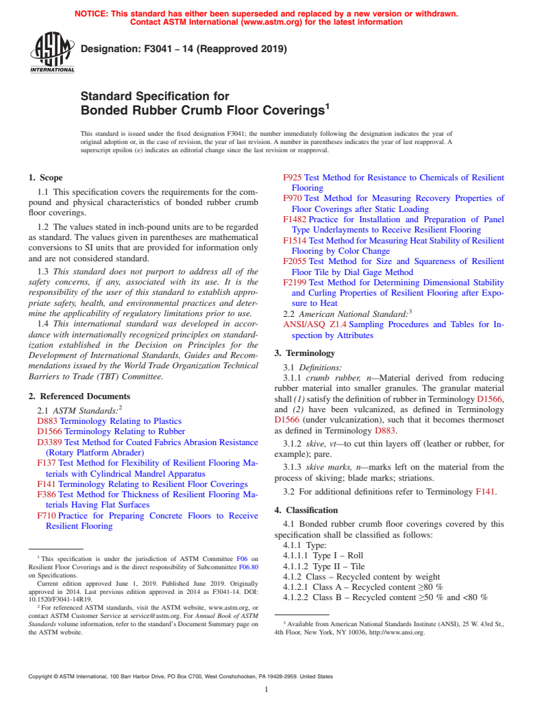 ASTM F3041-14(2019) - Standard Specification for Bonded Rubber Crumb Floor Coverings