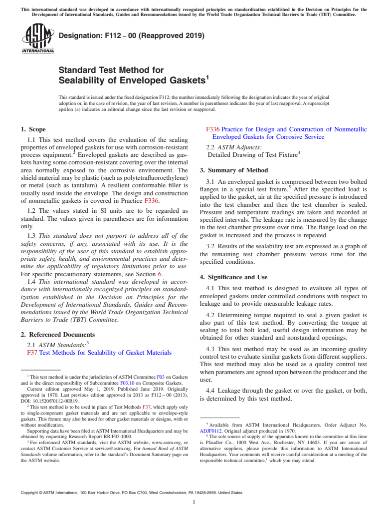 ASTM F112-00(2019) - Standard Test Method for  Sealability of Enveloped Gaskets