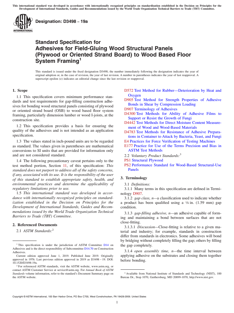 ASTM D3498-19a - Standard Specification for Adhesives for Field-Gluing Wood Structural Panels (Plywood  or Oriented Strand Board) to Wood Based Floor System Framing