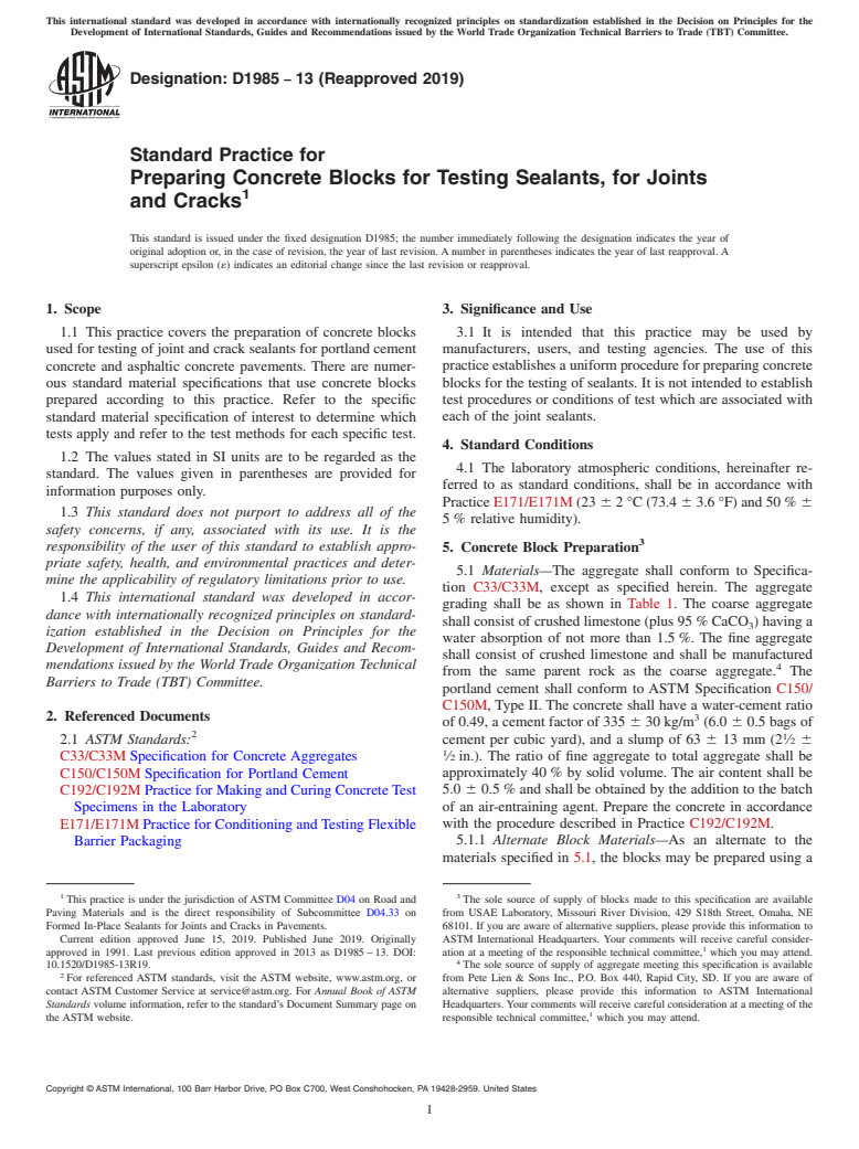 ASTM D1985-13(2019) - Standard Practice for Preparing Concrete Blocks for Testing Sealants, for Joints  and Cracks