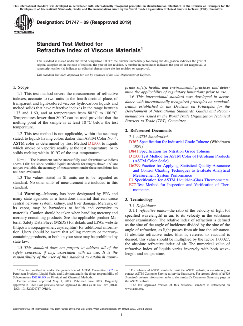 ASTM D1747-09(2019) - Standard Test Method for  Refractive Index of Viscous Materials