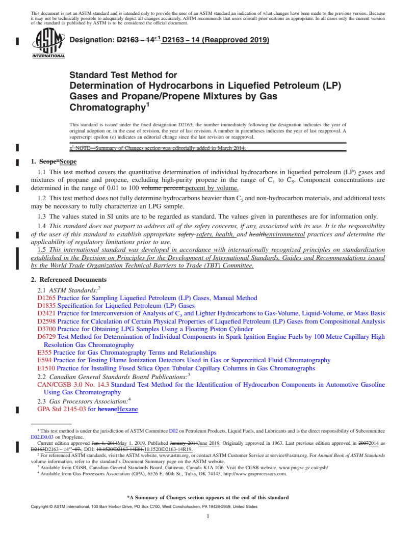 REDLINE ASTM D2163-14(2019) - Standard Test Method for  Determination of Hydrocarbons in Liquefied Petroleum (LP) Gases  and Propane/Propene Mixtures by Gas Chromatography