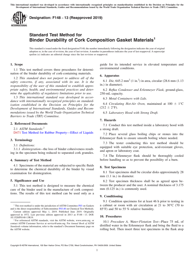 ASTM F148-13(2019) - Standard Test Method for  Binder Durability of Cork Composition Gasket Materials