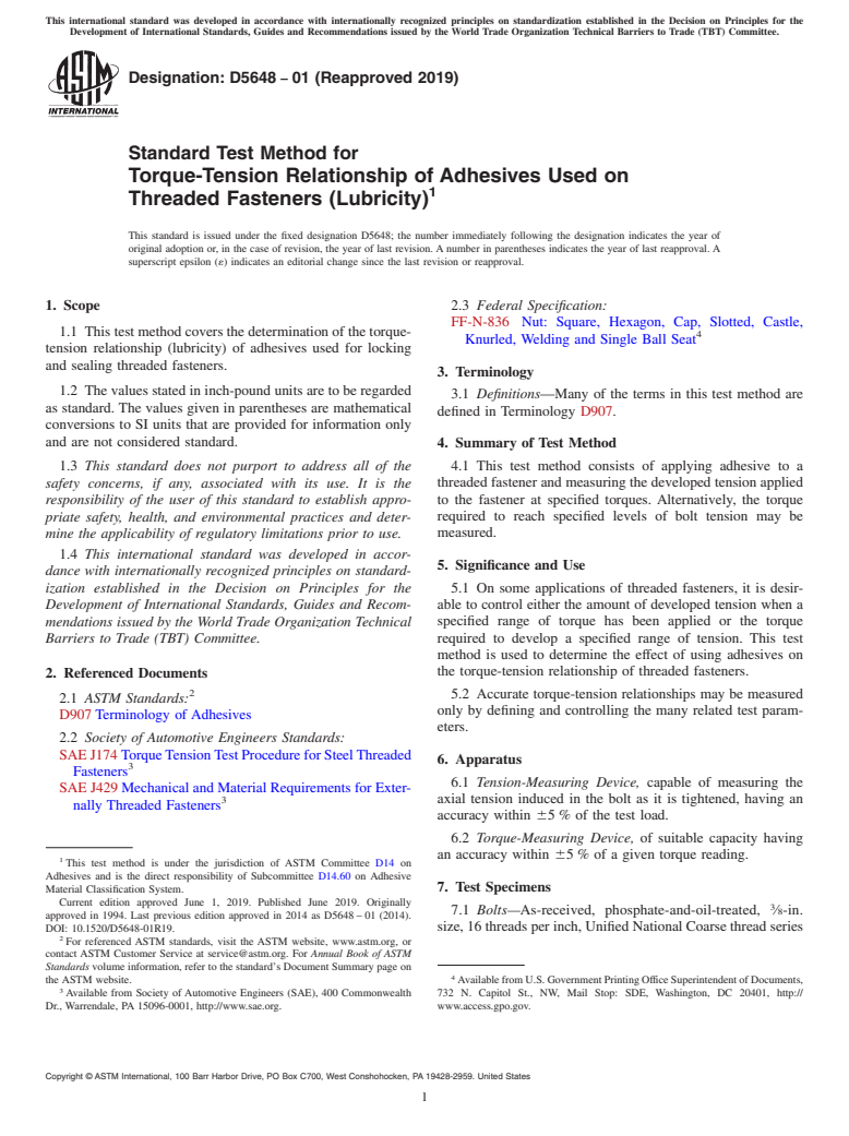 ASTM D5648-01(2019) - Standard Test Method for Torque-Tension Relationship of Adhesives Used on Threaded Fasteners    (Lubricity)