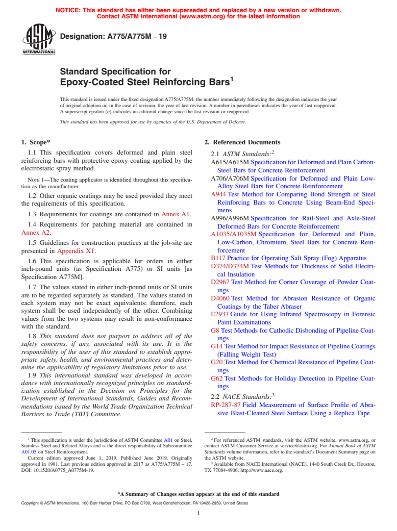 ASTM A775/A775M-19 - Standard Specification for  Epoxy-Coated Steel Reinforcing Bars