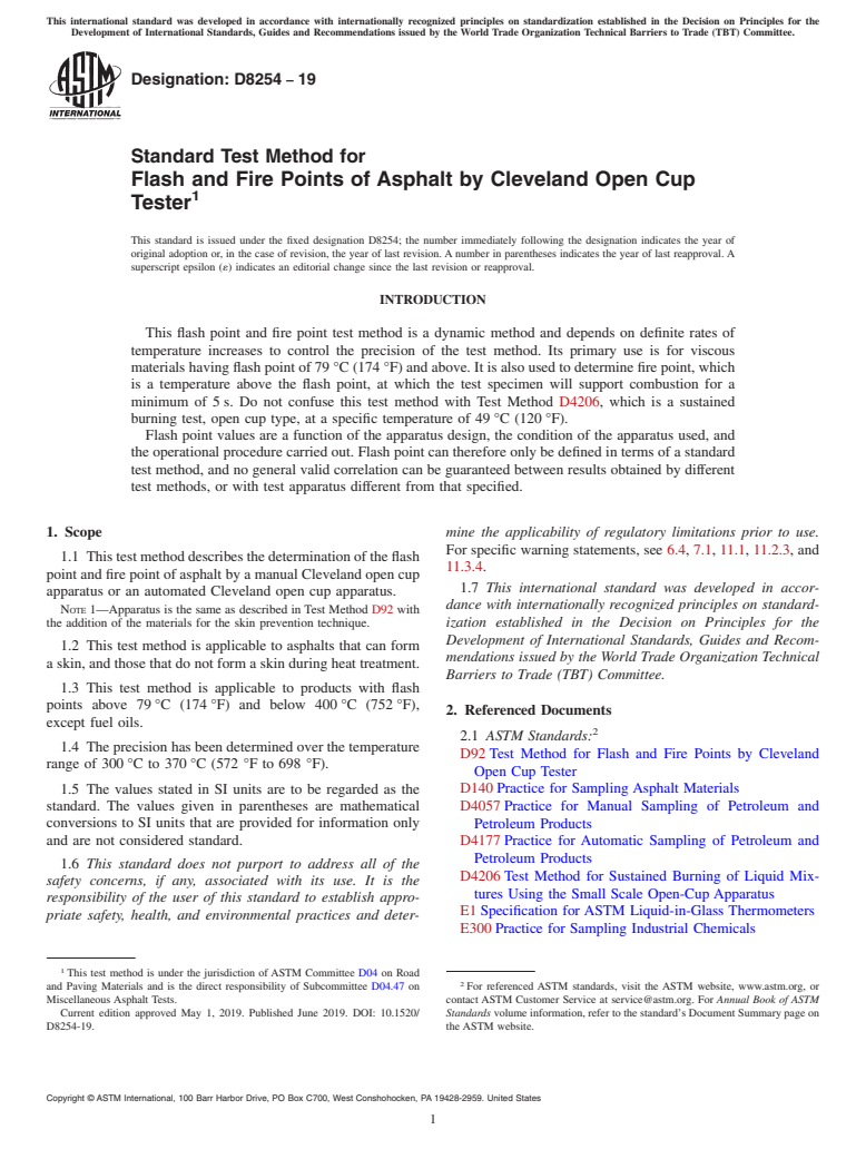 ASTM D8254-19 - Standard Test Method for  Flash and Fire Points of Asphalt by Cleveland Open Cup Tester