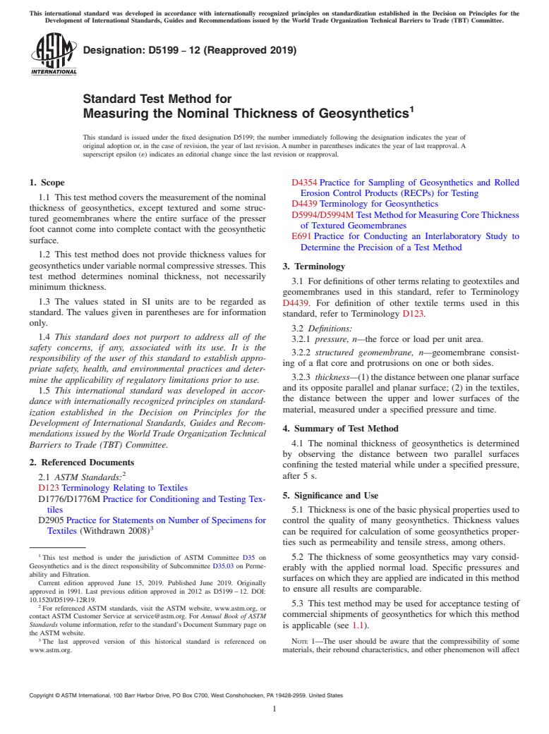 ASTM D5199-12(2019) - Standard Test Method for  Measuring the Nominal Thickness of Geosynthetics