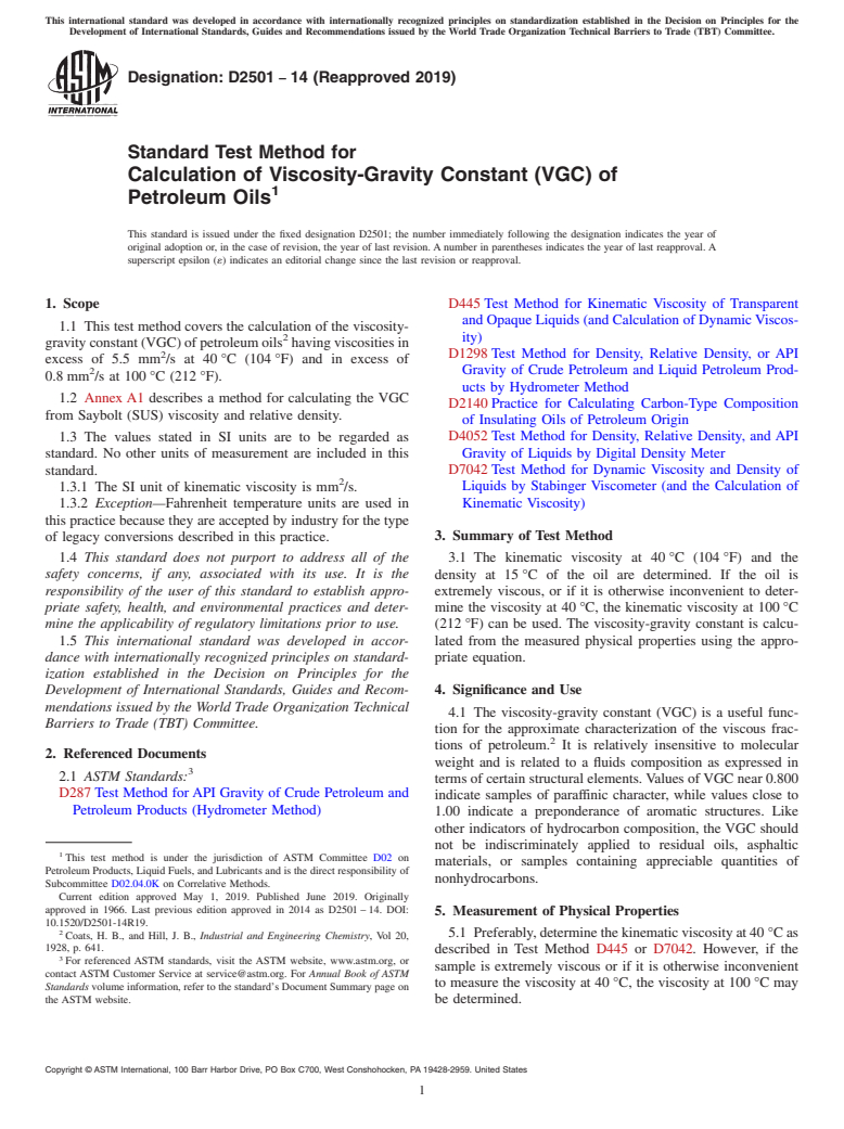 ASTM D2501-14(2019) - Standard Test Method for  Calculation of Viscosity-Gravity Constant (VGC) of Petroleum   Oils