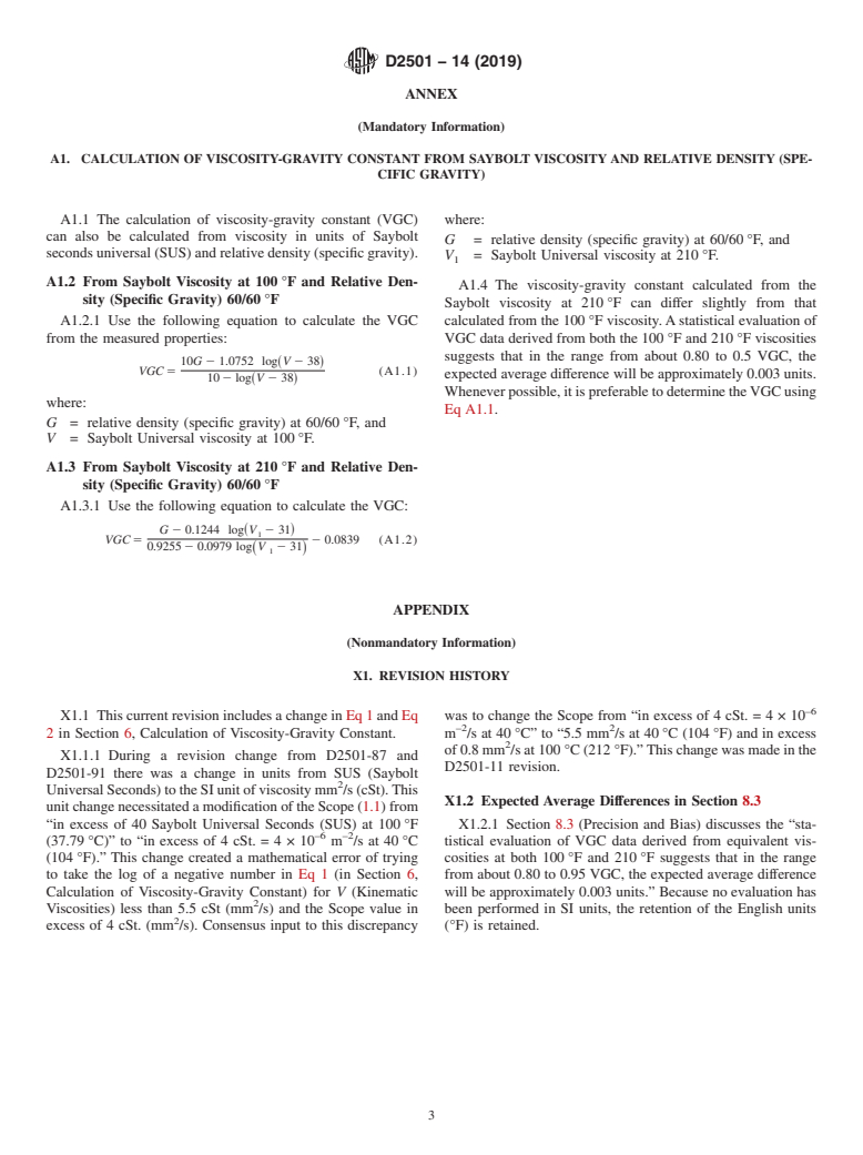 ASTM D2501-14(2019) - Standard Test Method for  Calculation of Viscosity-Gravity Constant (VGC) of Petroleum   Oils