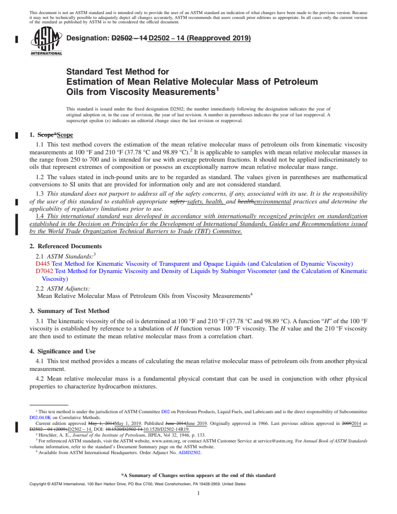 REDLINE ASTM D2502-14(2019) - Standard Test Method for  Estimation of Mean Relative Molecular Mass of Petroleum Oils   from Viscosity Measurements