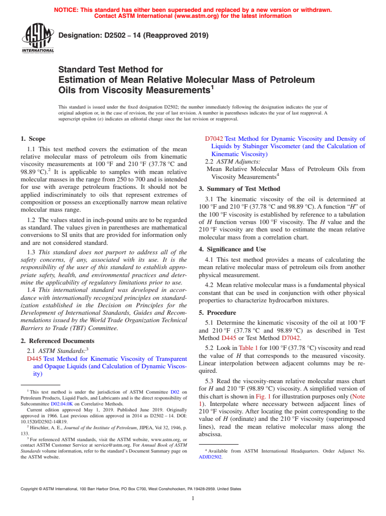 ASTM D2502-14(2019) - Standard Test Method for  Estimation of Mean Relative Molecular Mass of Petroleum Oils   from Viscosity Measurements