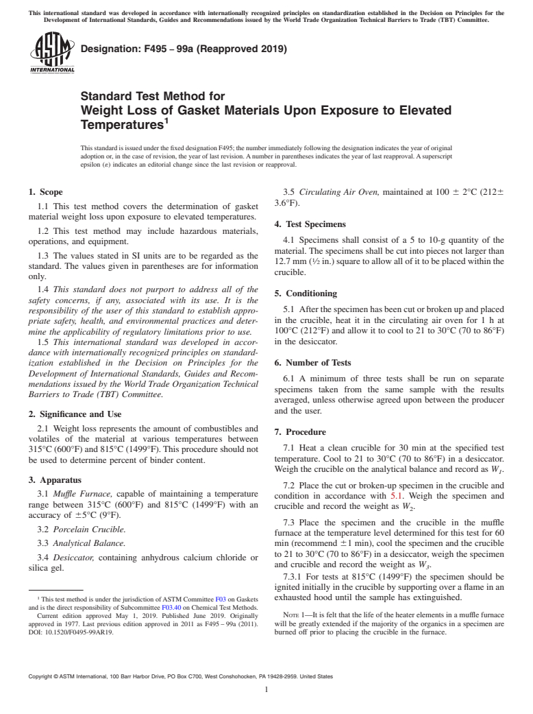 ASTM F495-99a(2019) - Standard Test Method for  Weight Loss of Gasket Materials Upon Exposure to Elevated Temperatures