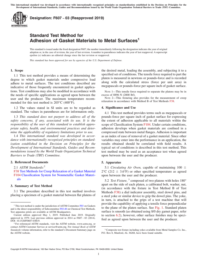 ASTM F607-03(2019) - Standard Test Method for  Adhesion of Gasket Materials to Metal Surfaces