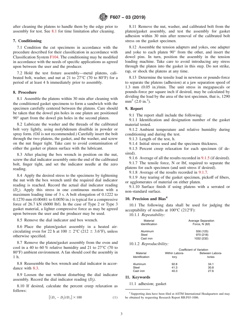 ASTM F607-03(2019) - Standard Test Method for  Adhesion of Gasket Materials to Metal Surfaces