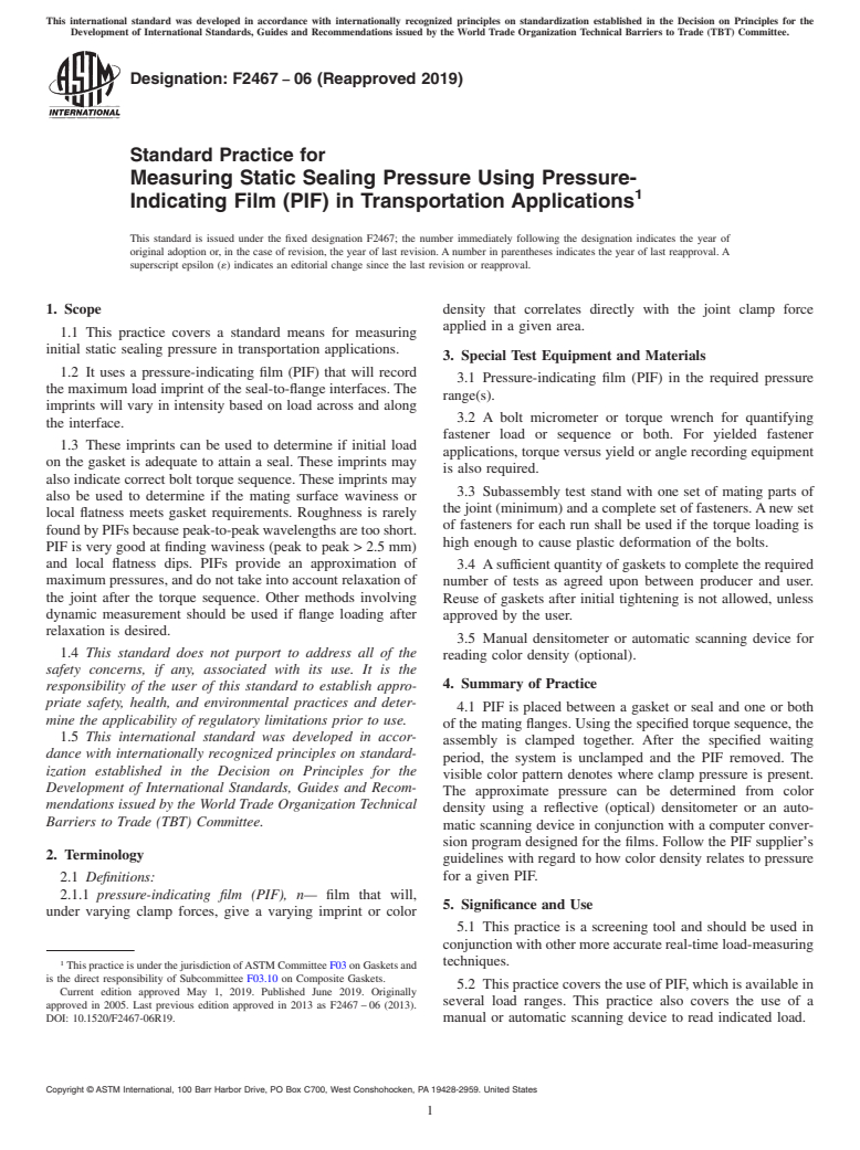 ASTM F2467-06(2019) - Standard Practice for  Measuring Static Sealing Pressure Using Pressure-Indicating  Film (PIF) in Transportation Applications