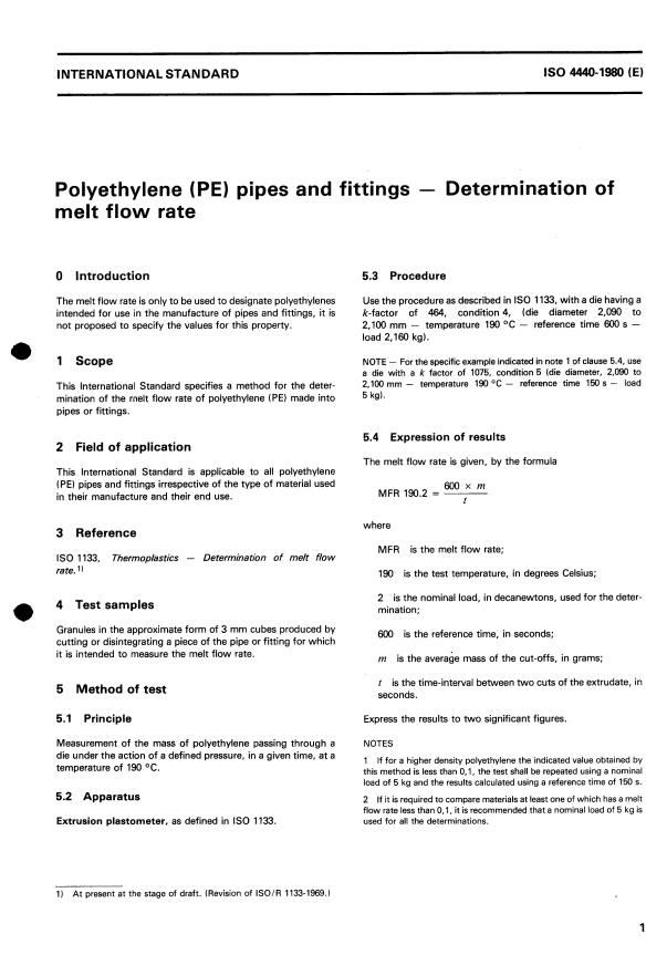 ISO 4440:1980 ISO 4440:1980 - Polyethylene (PE) pipes and fittings -- Determination of melt flow rate - Page 3 preview