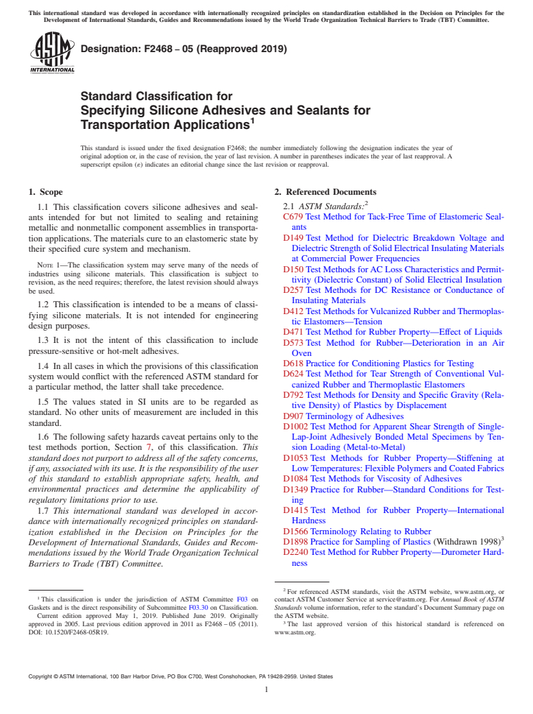 ASTM F2468-05(2019) - Standard Classification for  Specifying Silicone Adhesives and Sealants for Transportation  Applications