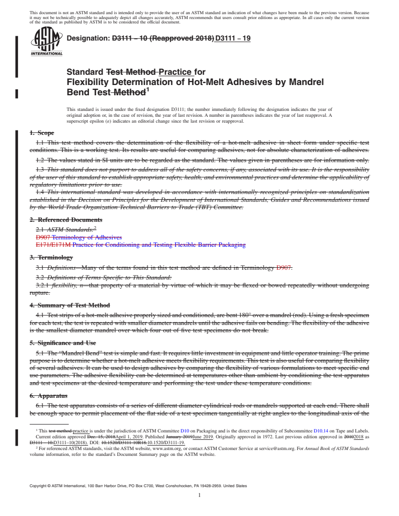REDLINE ASTM D3111-19 - Standard Practice for Flexibility Determination of Hot-Melt Adhesives by Mandrel  Bend Test
