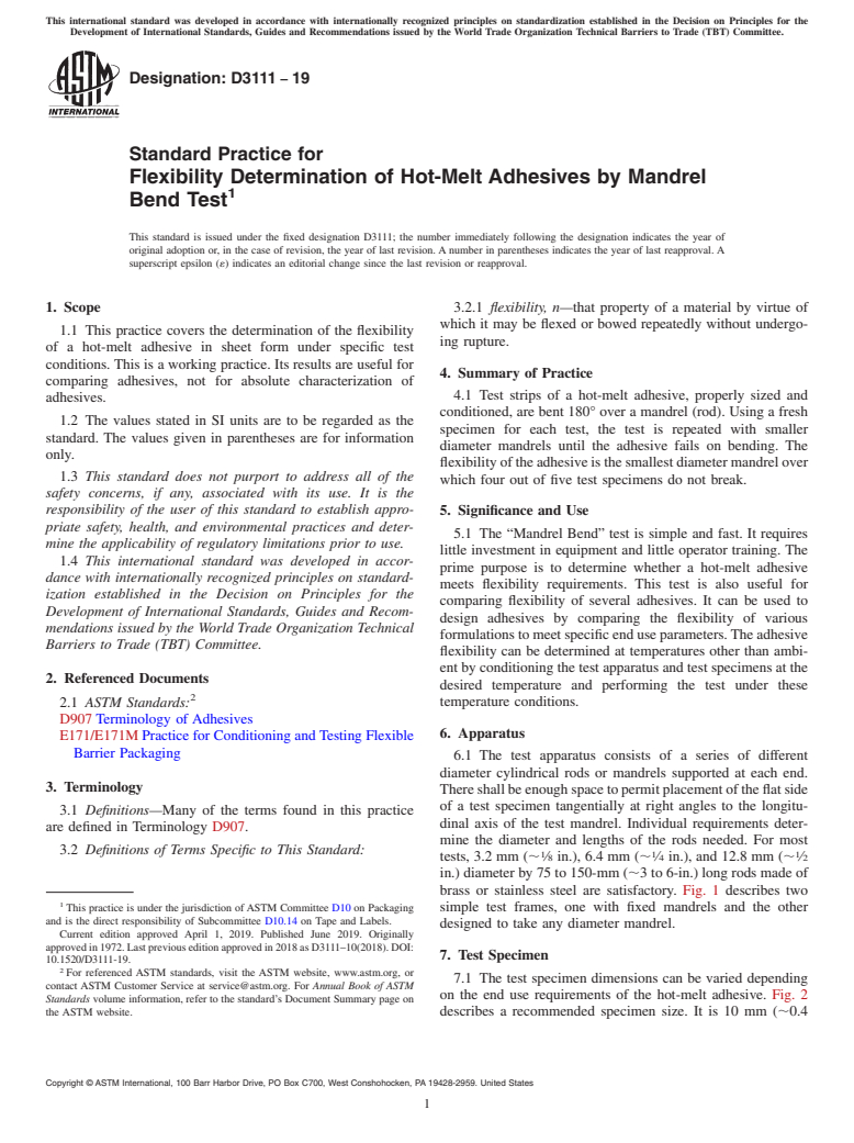 ASTM D3111-19 - Standard Practice for Flexibility Determination of Hot-Melt Adhesives by Mandrel  Bend Test
