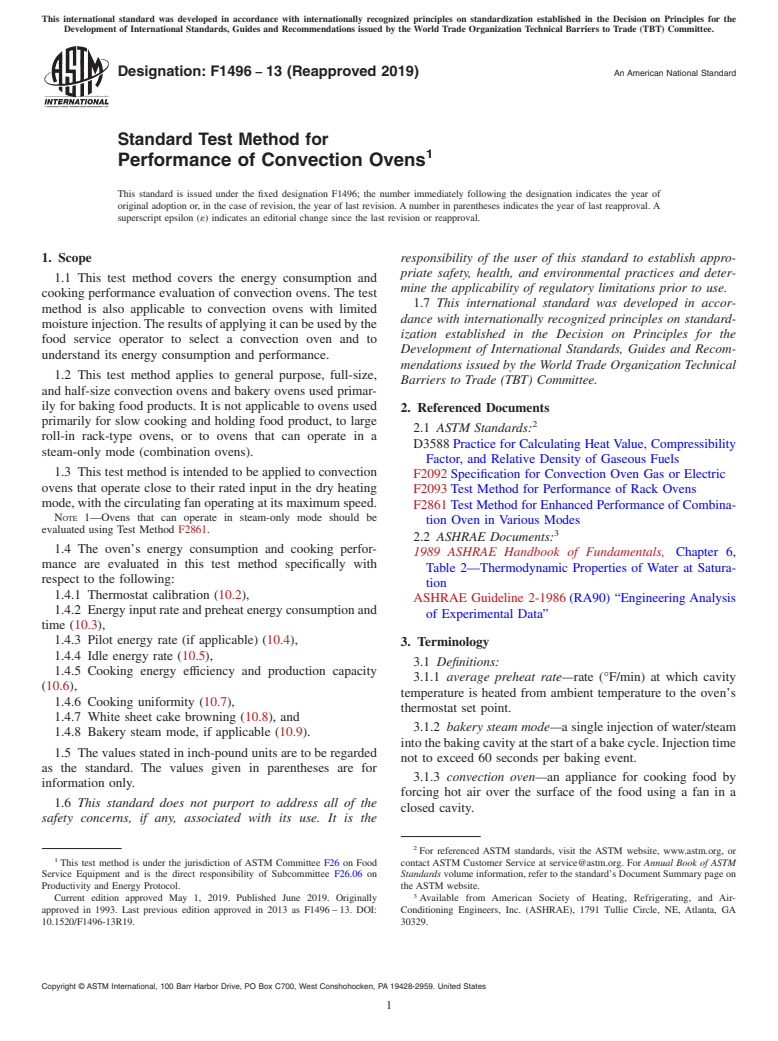 ASTM F1496-13(2019) - Standard Test Method for  Performance of Convection Ovens