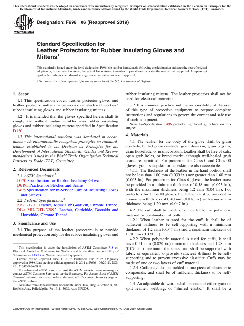 ASTM F696-06(2019) - Standard Specification for  Leather Protectors for Rubber Insulating Gloves and Mittens