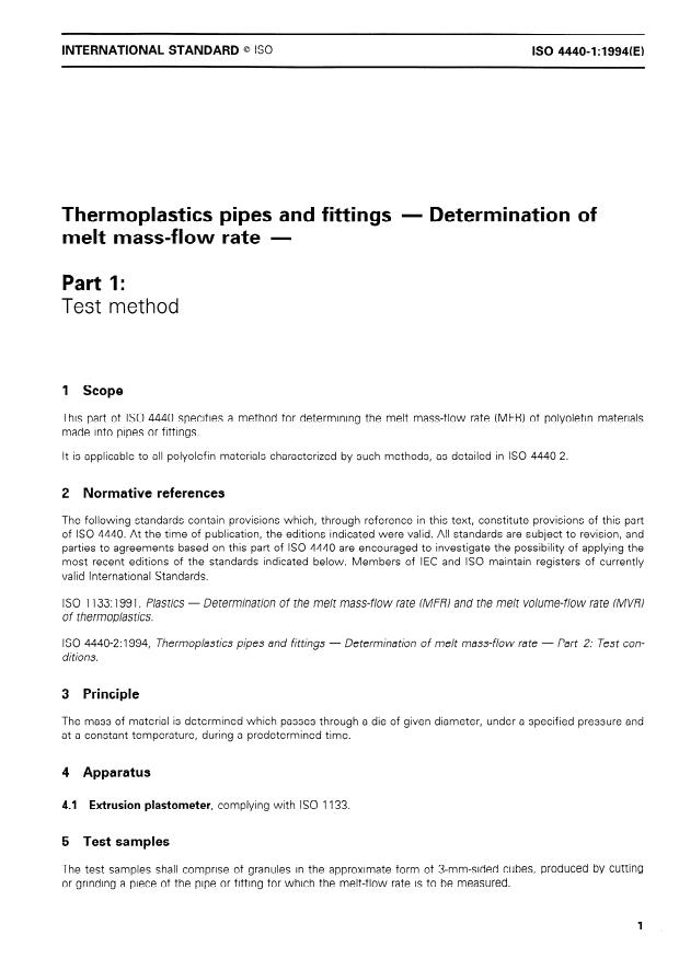 ISO 4440-1:1994 ISO 4440-1:1994 - Thermoplastics pipes and fittings -- Determination of melt mass-flow rate - Page 3 preview