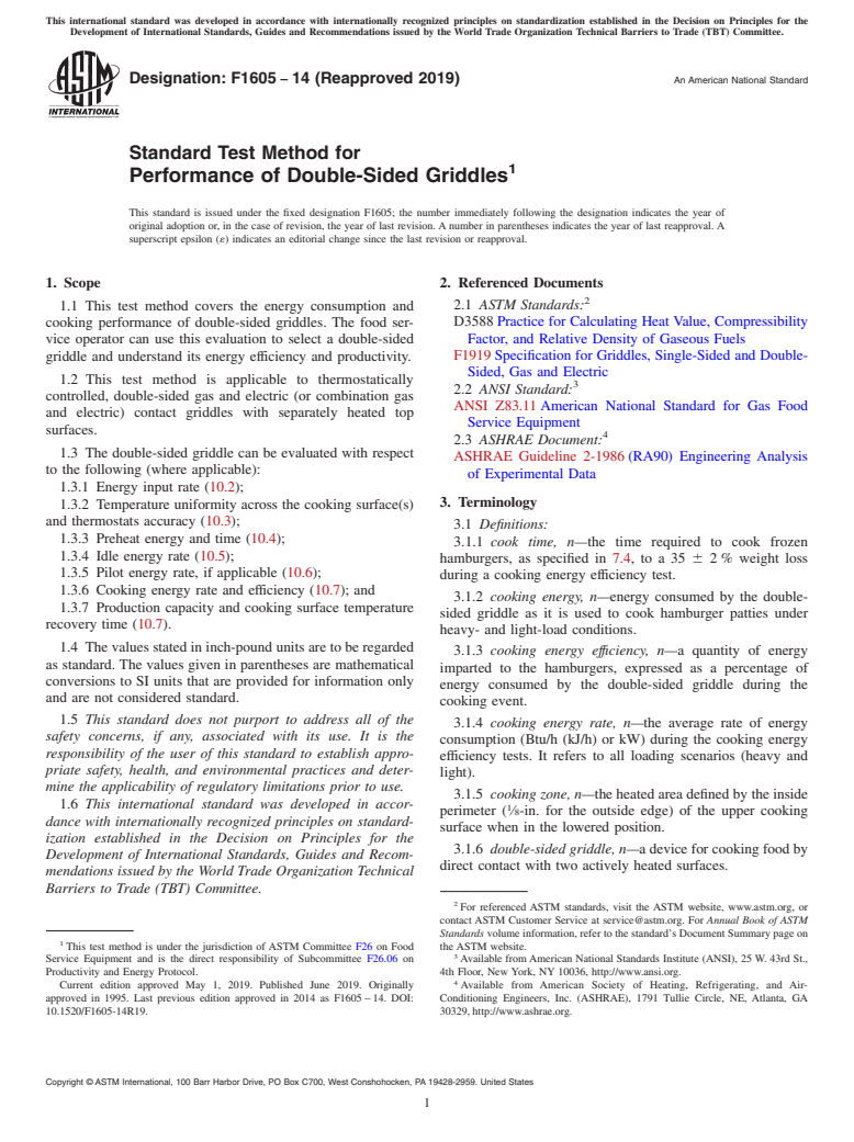 ASTM F1605-14(2019) - Standard Test Method for Performance of Double-Sided Griddles