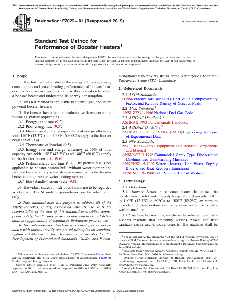 ASTM F2022-01(2019) - Standard Test Method for  Performance of Booster Heaters