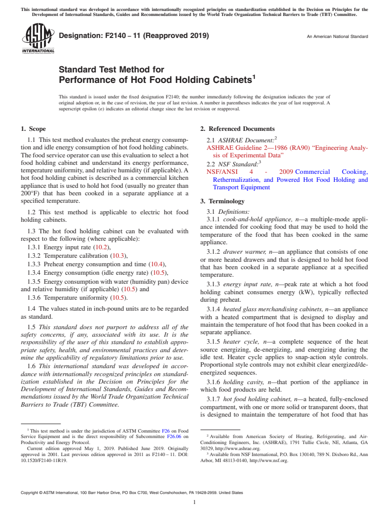 ASTM F2140-11(2019) - Standard Test Method for  Performance of Hot Food Holding Cabinets