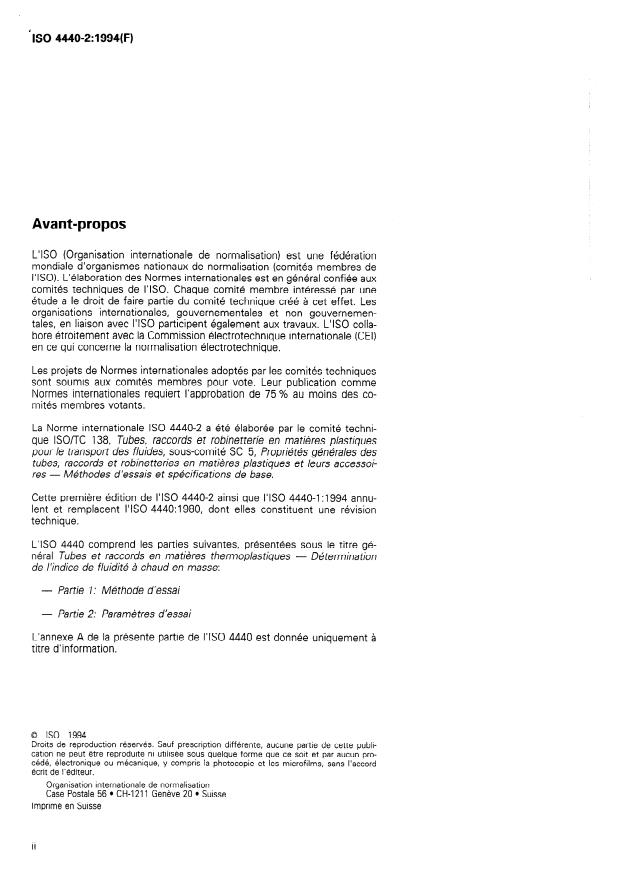 ISO 4440-2:1994 ISO 4440-2:1994 - Tubes et raccords en matieres thermoplastiques -- Détermination de l'indice de fluidité a chaud en masse - Page 2 preview