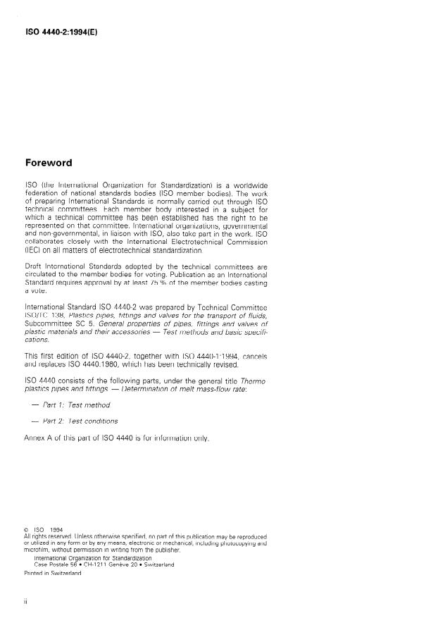ISO 4440-2:1994 ISO 4440-2:1994 - Thermoplastics pipes and fittings -- Determination of melt mass-flow rate - Page 2 preview