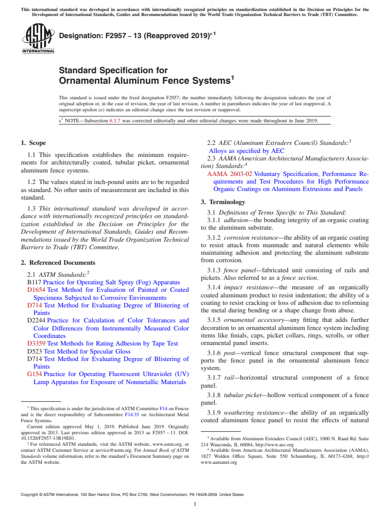 ASTM F2957-13(2019)e1 - Standard Specification for Ornamental Aluminum Fence Systems